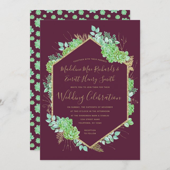Green Succulents Gold Frame Wedding Invitation (Front/Back)
