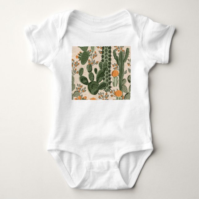 Green succulents, orange flowers, beach wallpaper. baby bodysuit (Front)