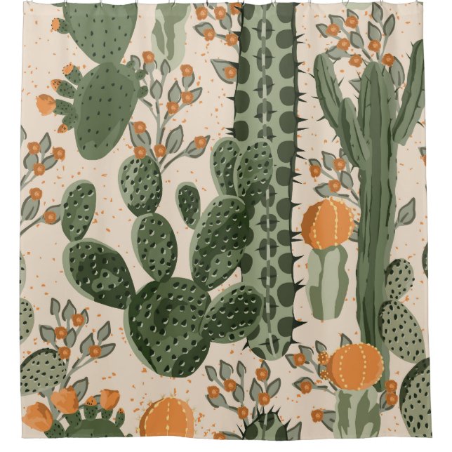 Green succulents, orange flowers, beach wallpaper. shower curtain (Front)