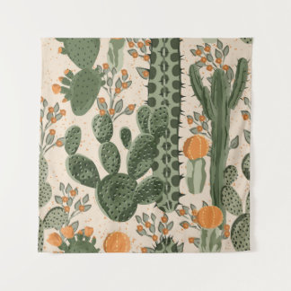 Green succulents, orange flowers, beach wallpaper. tapestry