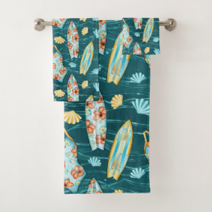 GREEN SUMMER BATHING SUITS SURFBOARDS AND SEASHELL BATH TOWEL SET