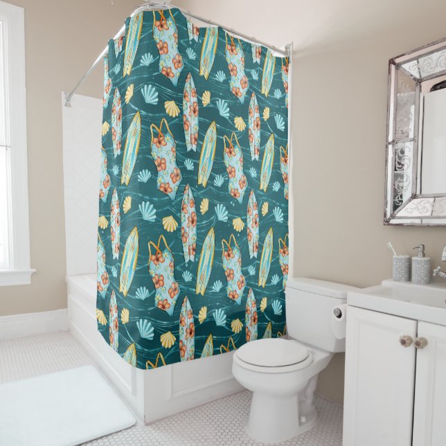 GREEN SUMMER BATHING SUITS SURFBOARDS AND SEASHELL SHOWER CURTAIN (In Situ)