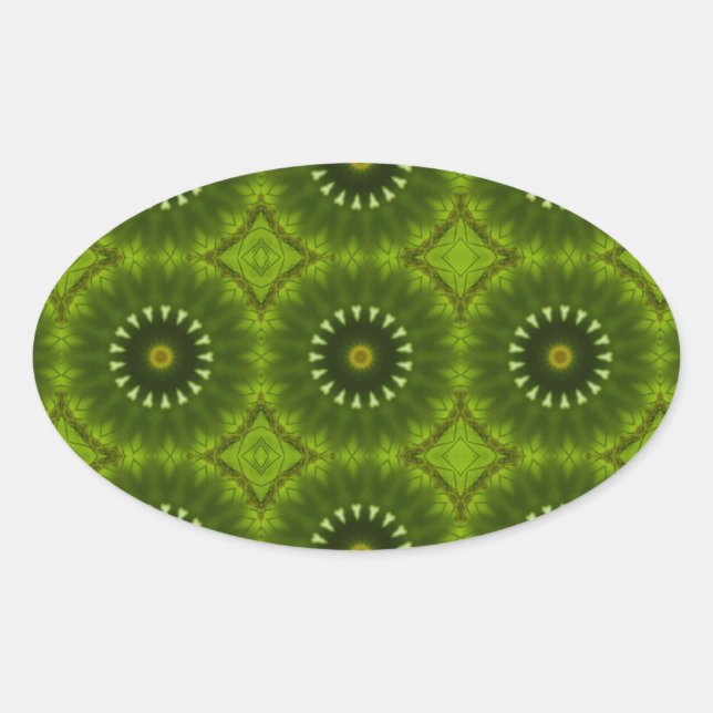 Green Sunburst Abstract Kaleidoscope Pattern Oval Sticker (Front)