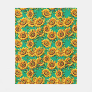Green Sunflower Floral Cottagecore Pattern Fleece Blanket