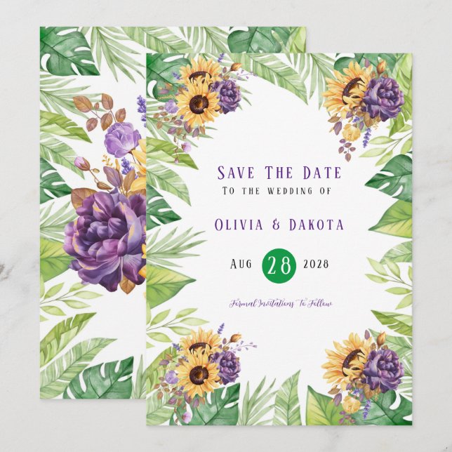 Green Sunflower Purple Floral Save The Date Cards (Front/Back)