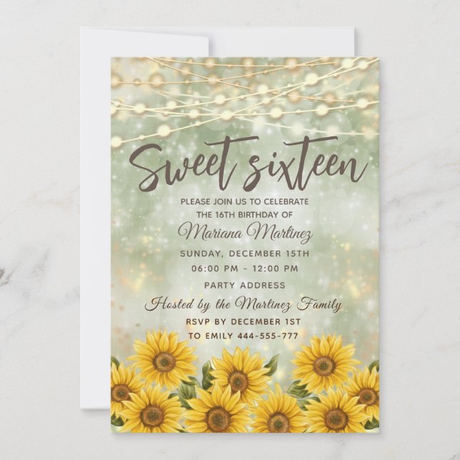 Green Sunflower  String lights gold sparkle  Invitation (Front)