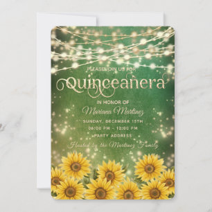 Green Sunflower  String lights gold sparkle  Invitation