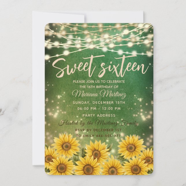 Green Sunflower  String lights gold sparkle  Invitation (Front)