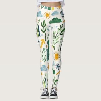 Green Sunny Yellow Sky Blue Seamless Pattern Leggings