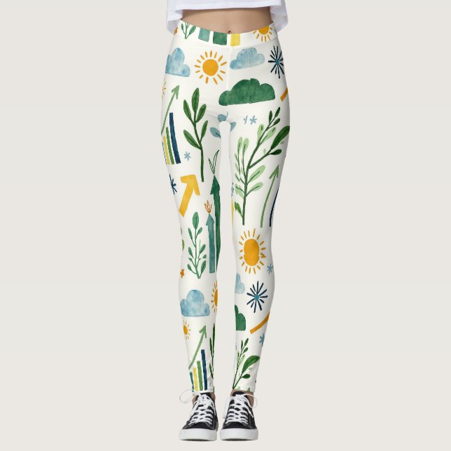 Green Sunny Yellow Sky Blue Seamless Pattern Leggings (Front)