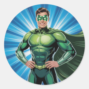 Green Superhero Boys Birthday Party Classic Round Sticker