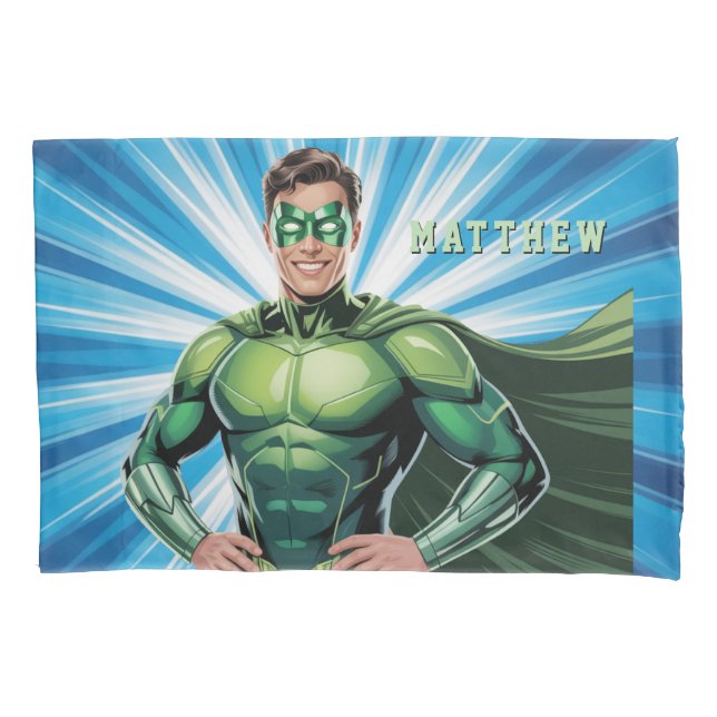 Green Superhero Boys Birthday Party Gift Pillowcase (Front)