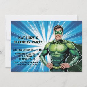 Green Superhero Boys Birthday Party Invitation