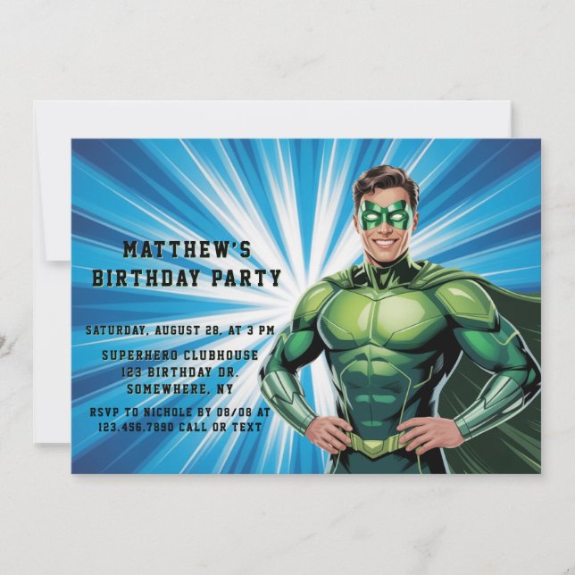Green Superhero Boys Birthday Party Invitation (Front)