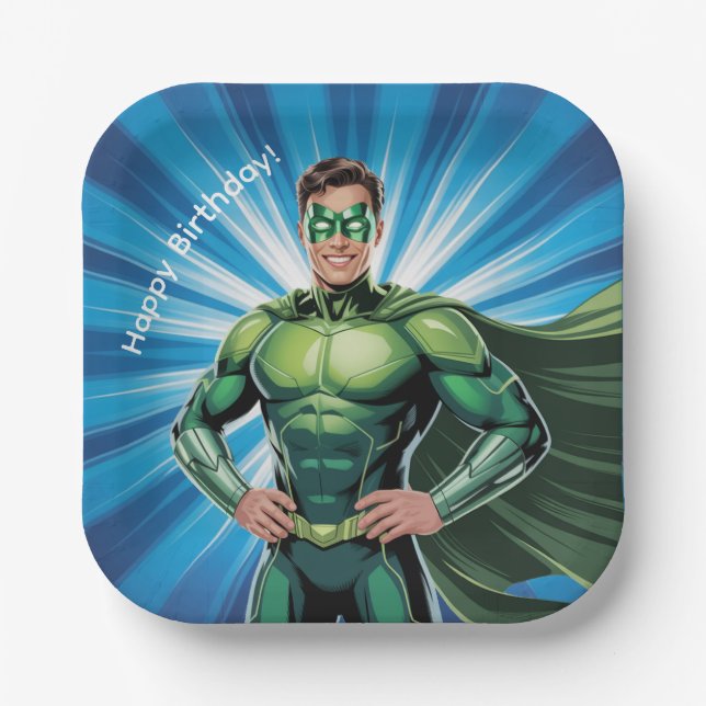 Green Superhero Boys Birthday Party Paper Plate (Front)