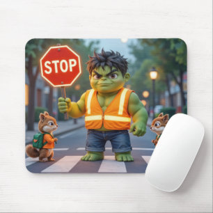 Green Superhero Crossing Guard With Chipmunks Mouse Pad