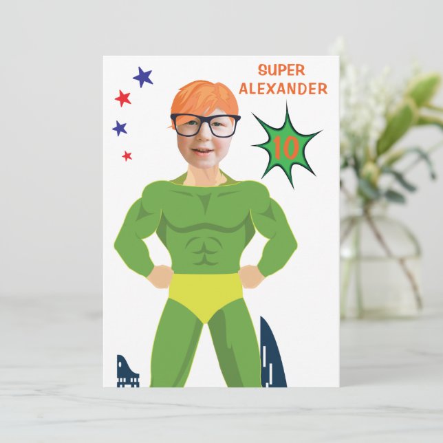 Green Superhero Muscle Man Aqua Fun Birthday Invitation (Standing Front)