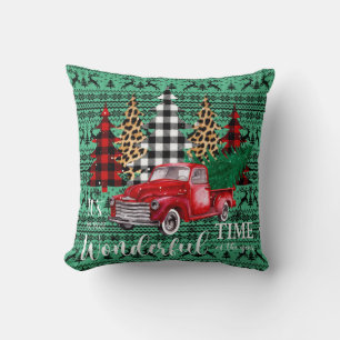 Green Sweater Reindeer Vintage Red Truck Christmas Cushion