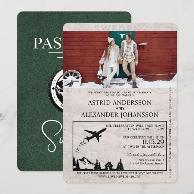 Green Sweden Passport Wedding Invitation (Front/Back)