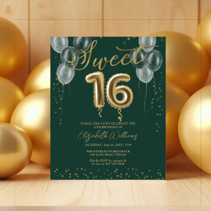 Green Sweet 16 Bday Balloons Budget Invitations