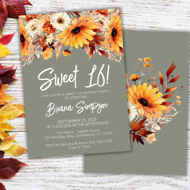 Green Sweet 16 Birthday Fall Floral Invitation (Creator Uploaded)