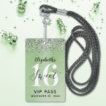 Green Sweet 16 Birthday VIP ID Badge<br><div class="desc">A clever way to invite your guests to your sweet 16 birthday party. These custom light green brushed metal sweet 16 VIP pass badge invitations are sure to impress your guests. Design features a faux light green brushed metal with silver glitter and a modern hand written script font. Easily personalise...</div>