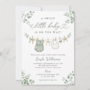 Green Sweet Baby Girl Clothesline Baby Shower Invitation