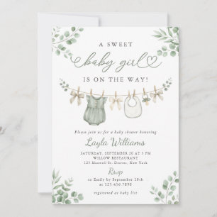 Green Sweet Baby Girl Clothesline Baby Shower Invitation