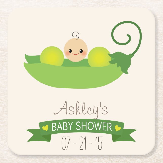 Green Sweet Pea Baby Shower Square Paper Coaster (Front)