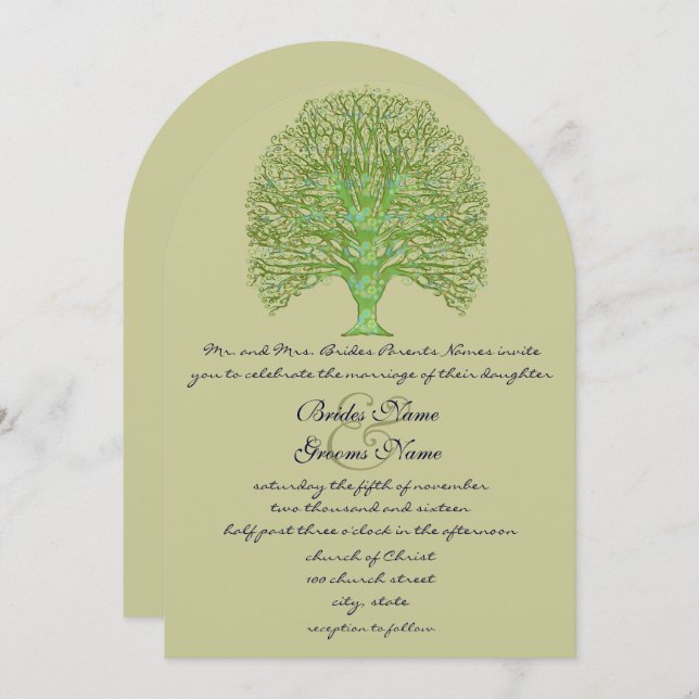 Green Swirl Love Tree Wedding Invitation (Front/Back)