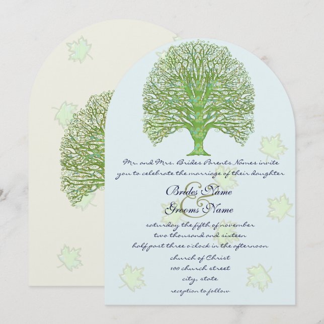 Green Swirl Love Tree Wedding Invitation Leaves (Front/Back)