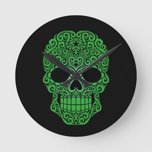 Green Swirling Sugar Skull on Black Round Clock (Front)