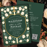 Green Sword Shield Fantasy Wedding QR Code Invitation<br><div class="desc">Invite your wedding guests with this Royal Sword & Shield Mediaeval Fantasy Monogram invitation with cream-white florals and a green background. This design is perfect for couples seeking a regal, yet modern-day mediaeval fantasy aesthetic. Personalise the text, font, and colours to suit your design preferences. Matching Items in our shop...</div>