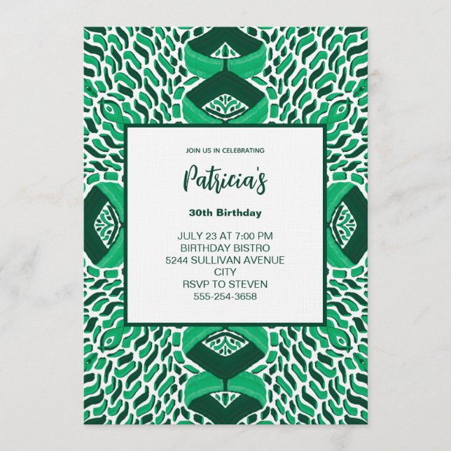 Green Symmetric Pattern Birthday Invitation (Front)