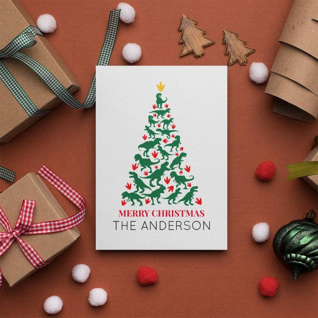Green T Rex Christmas Tree Red Paw Postcard (Creator Uploaded)