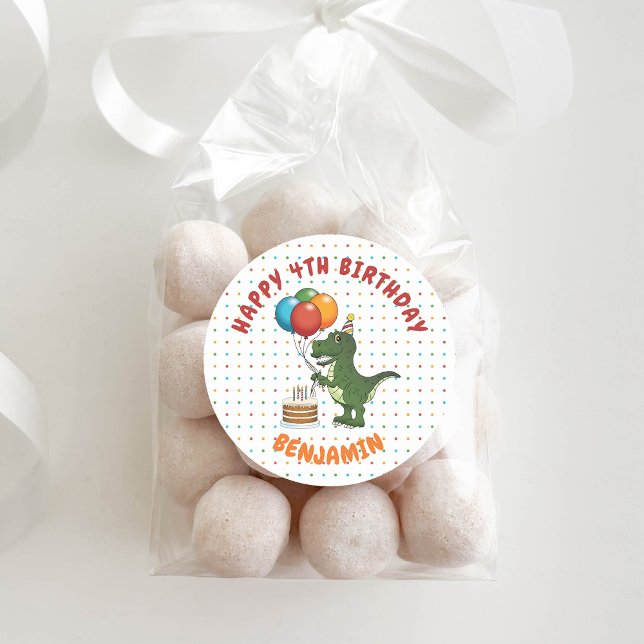 Green T-rex Dinosaur Colourful Birthday Balloons Classic Round Sticker (Ideal for decorating party favors, for example.)