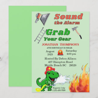 Green T Rex Firemans 4th Birthday Party Invitation