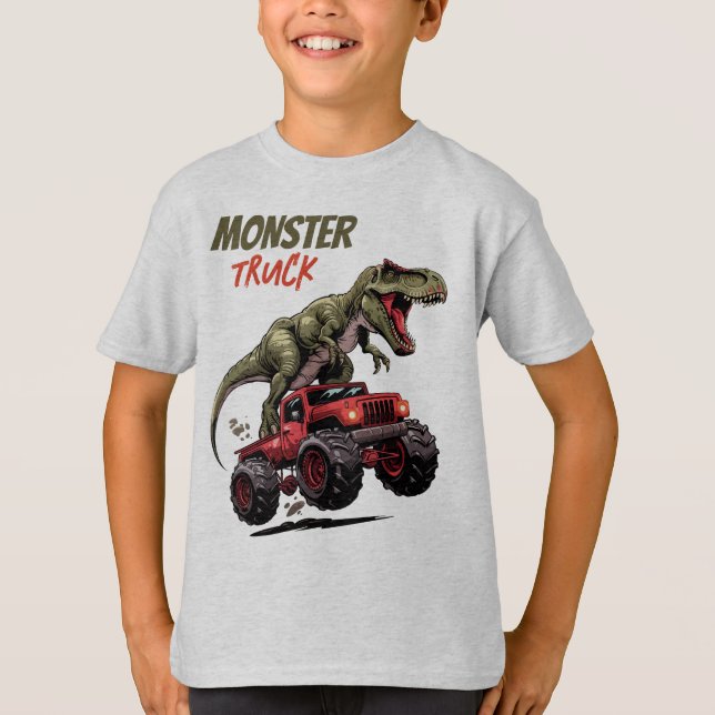 Green T-Rex Red Monster Truck Kids T-Shirt (Front)