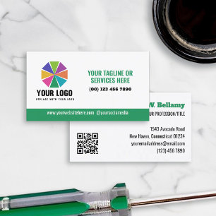 Green Tagline Your Logo Here Editable QR Code Business Card