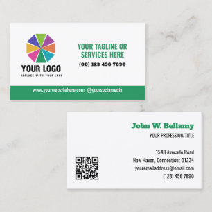 Green Tagline Your Logo Here Editable QR Code Business Card