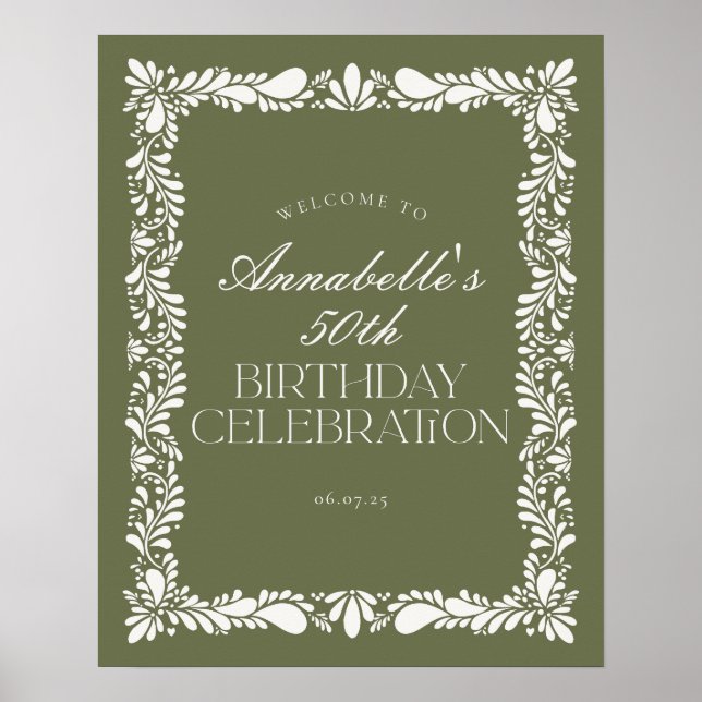 Green Talavera Tile Fiesta Birthday Party Welcome Poster (Front)