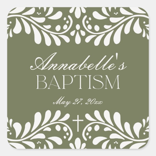 Green Talavera Tile Spanish Fiesta Baptism Favour Square Sticker (Front)