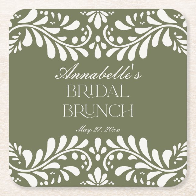 Green Talavera Tile Spanish Fiesta Bridal Brunch Square Paper Coaster (Front)