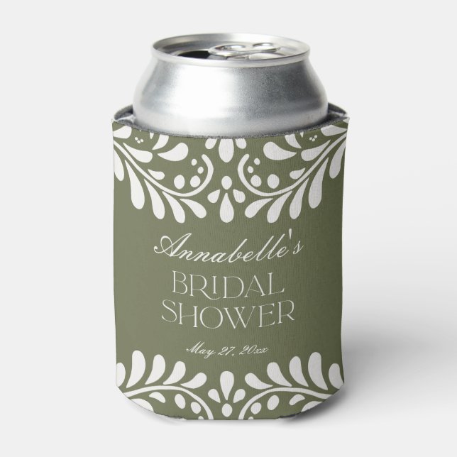Green Talavera Tile Spanish Fiesta Bridal Shower Can Cooler (Can Front)