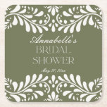 Green Talavera Tile Spanish Fiesta Bridal Shower Square Paper Coaster<br><div class="desc">Everyone loves a fiesta! This collection is a stunning blend of elegance and cultural heritage, inspired by the traditional Mexican Talavera tile patterns. The earthy olive green Terracotta floral border exudes sophistication and a touch of festive charm, making it perfect for your Spanish or Mexican inspired celebration. Whether you're hosting...</div>