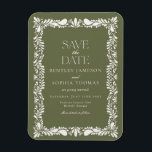 Green Talavera Tile Spanish Fiesta Save the Date Magnet<br><div class="desc">Everyone loves a fiesta! This collection is a stunning blend of elegance and cultural heritage, inspired by the traditional Mexican Talavera tile patterns. The earthy olive green Terracotta floral border exudes sophistication and a touch of festive charm, making it perfect for your Spanish or Mexican inspired celebration. Whether you're hosting...</div>