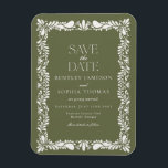 Green Talavera Tile Spanish Fiesta Save the Date Magnet<br><div class="desc">Everyone loves a fiesta! This collection is a stunning blend of elegance and cultural heritage, inspired by the traditional Mexican Talavera tile patterns. The earthy olive green Terracotta floral border exudes sophistication and a touch of festive charm, making it perfect for your Spanish or Mexican inspired celebration. Whether you're hosting...</div>