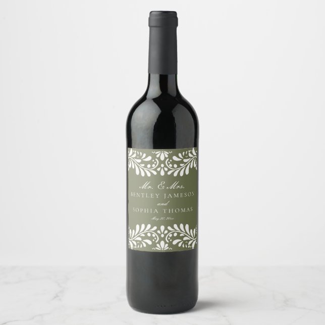 Green Talavera Tile Spanish Fiesta Wedding Wine Label (Front)