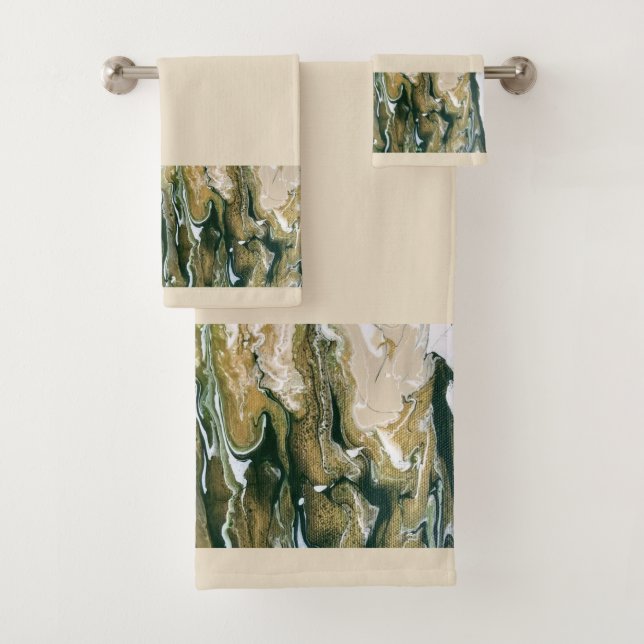 Green & Tan Abstract Border Bath Towels (Insitu)