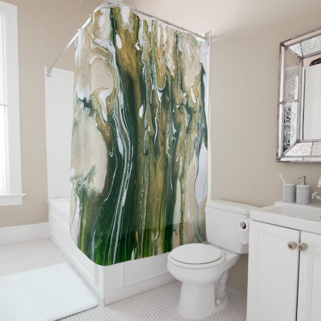 Green & Tan Abstract Shower Curtain (In Situ)